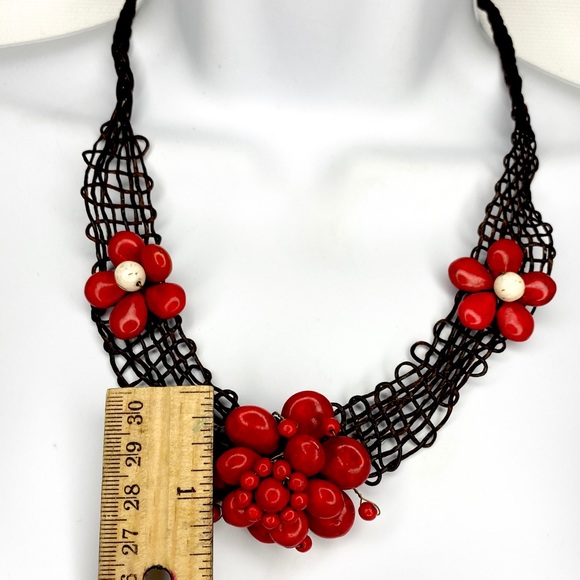 Artisan Red Flower Boho Cord Necklace & Bracelet - Picture 4 of 16